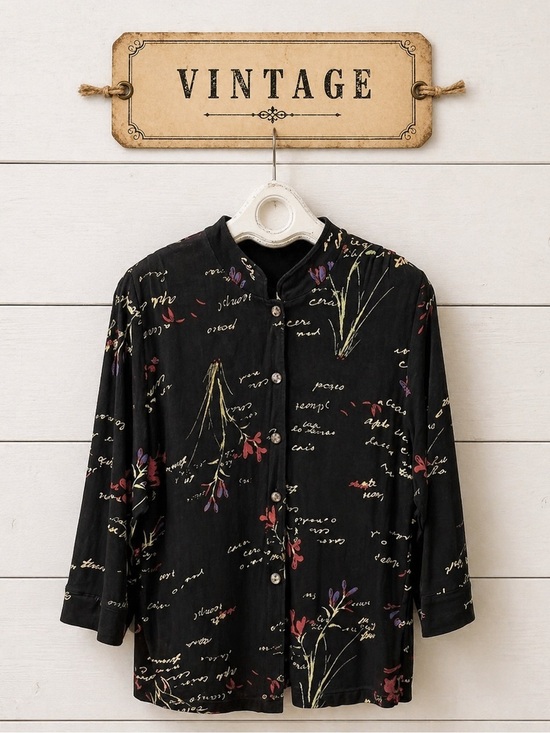 Tops - VINTAGE • Black Stretch Floral Shirt • Estimated Size XXL